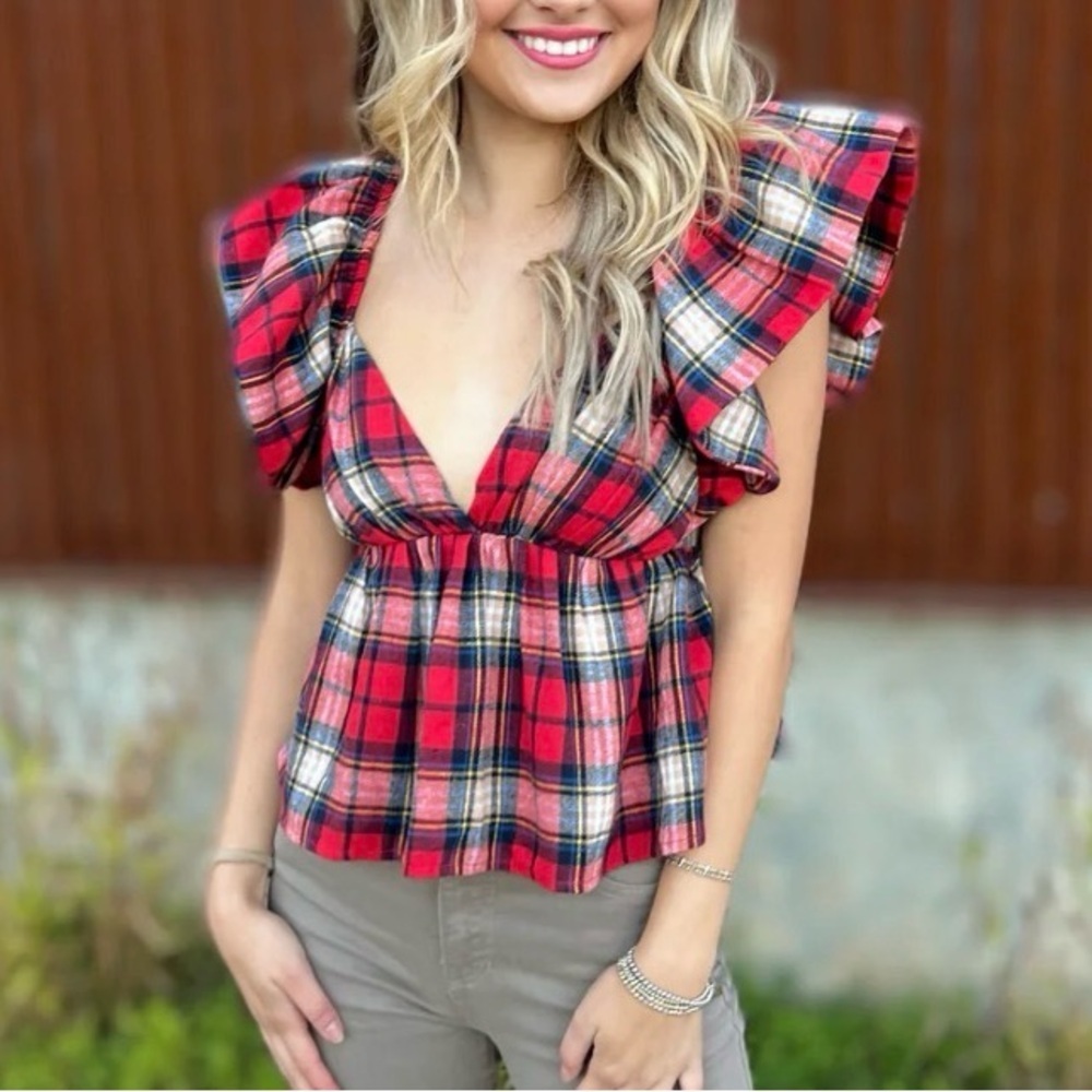 Red Plaid Flutter-Sleeve V-Neck Peplum Blouse